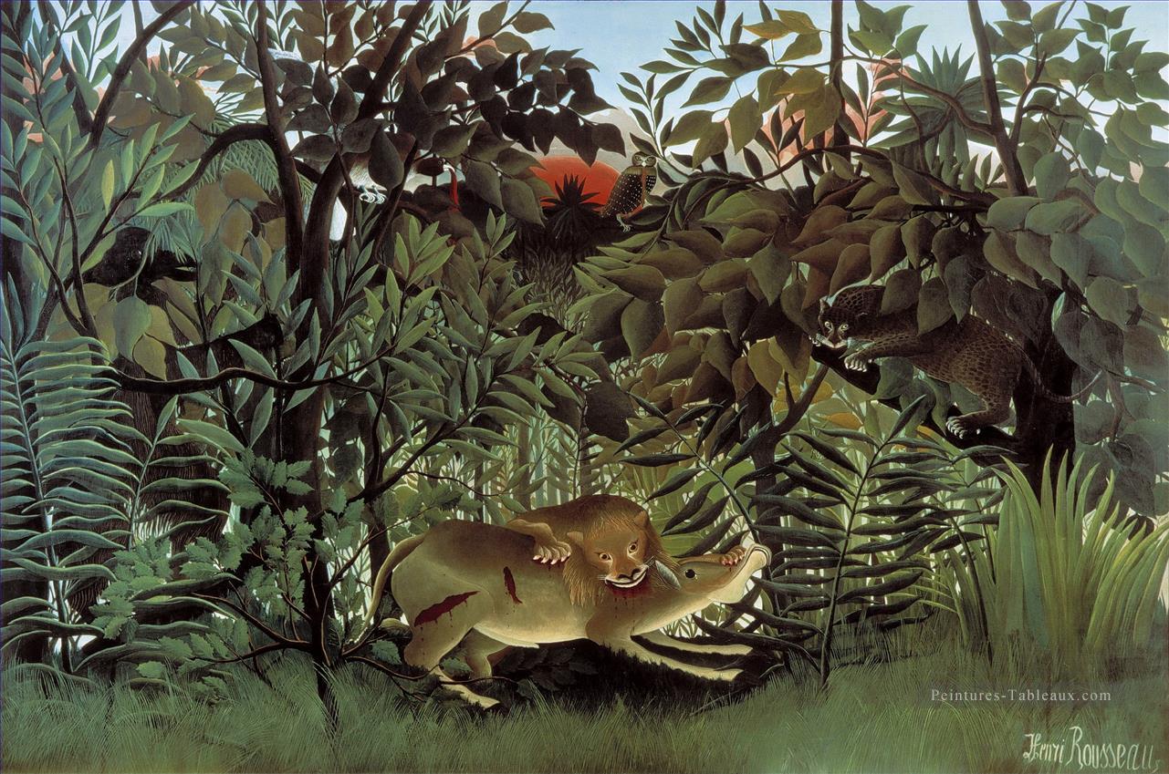 Le lion affamé attaquant une antilope le lion ayant faim se jette sur antilope Henri Rousseau post impressionnisme Naive primitivisme Peintures à l'huile